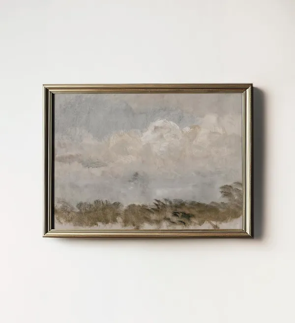 Vintage Cloud Painting, Neutral Country Farmhouse Art Print