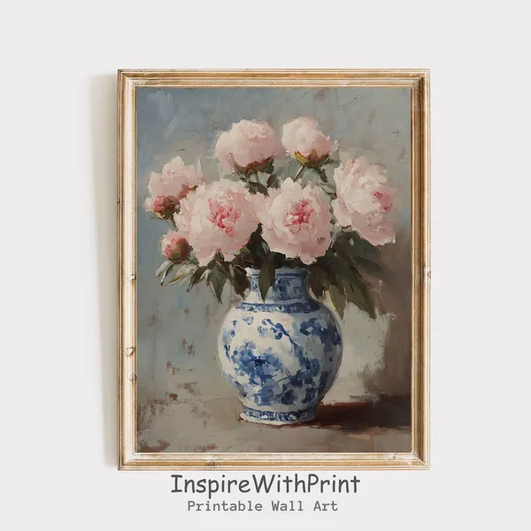 Peonies Flower Bouquet in Chinoiserie Vase, Vintage Art Print