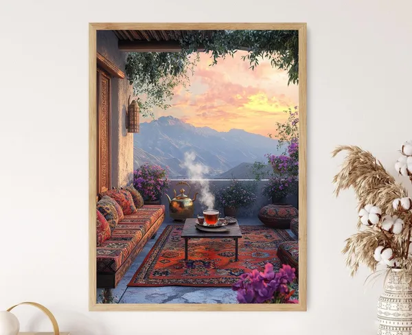 Halabja Rooftop Patio, Kurdish Rug and Tea Art Print
