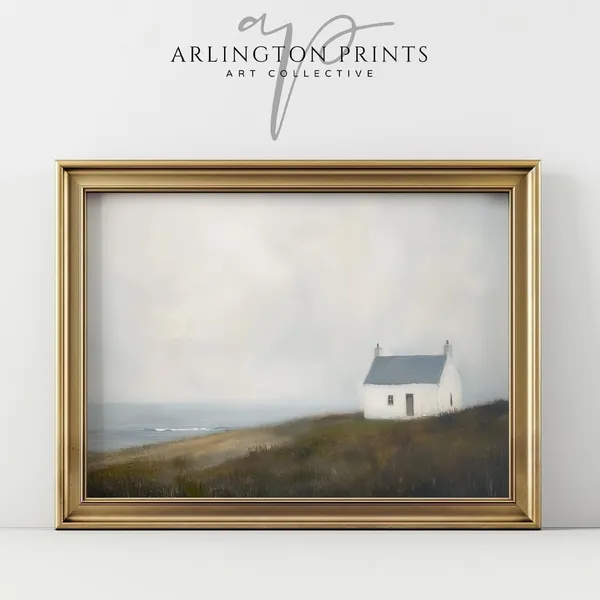 Little Stone Beach Cottage, Minimalist Vintage Ocean Art Print