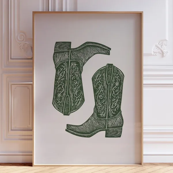 Cowboy Boots Sage Green Western Art Print