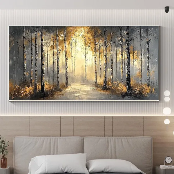 Gold Leaf Forest Oil Painting, Abstract Nature Landscape