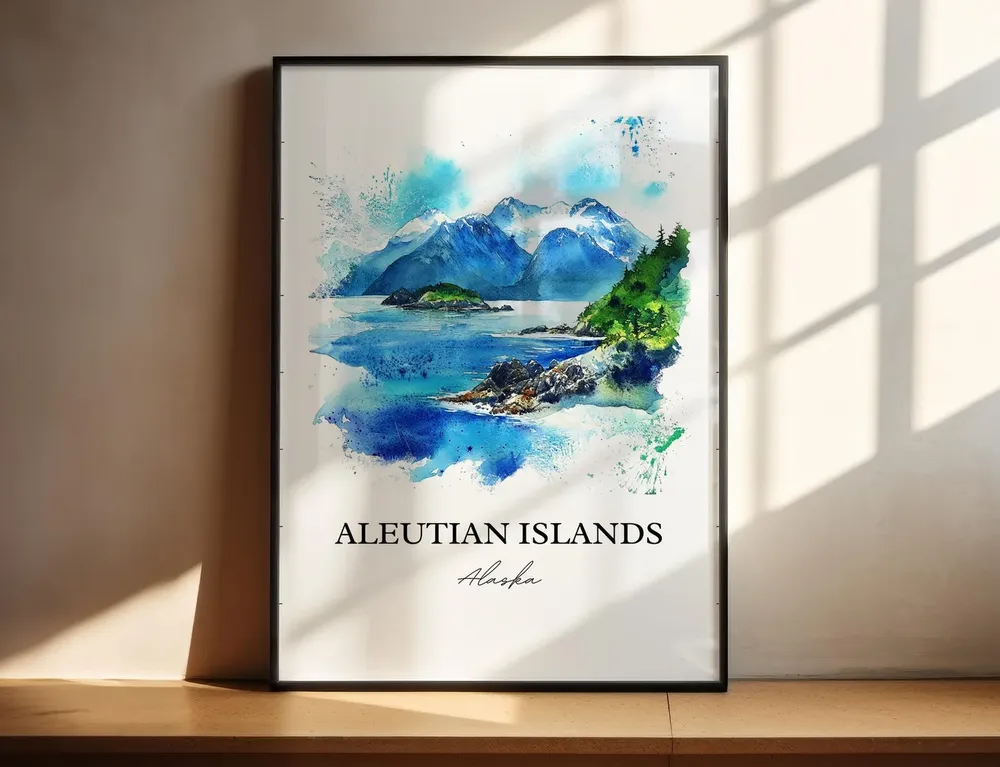 Aleutian Islands Watercolor Travel Poster, Alaska