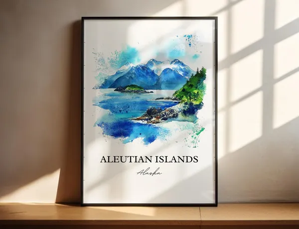 Aleutian Islands Watercolor Travel Poster, Alaska
