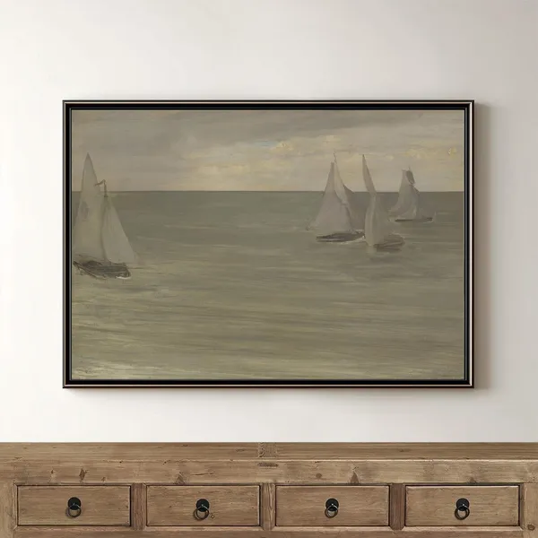 Sailboats At Sea Vintage Painting, Coastal Art Print