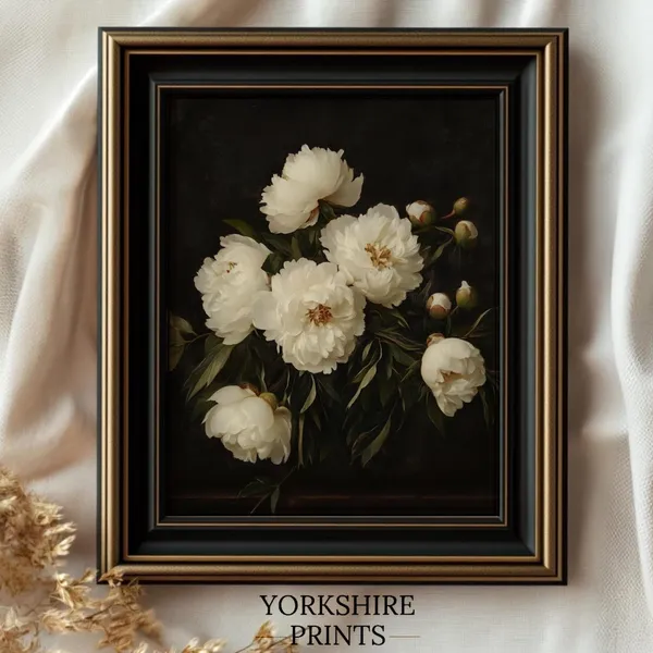 Moody White Peony Vintage Botanical Wall Art Print
