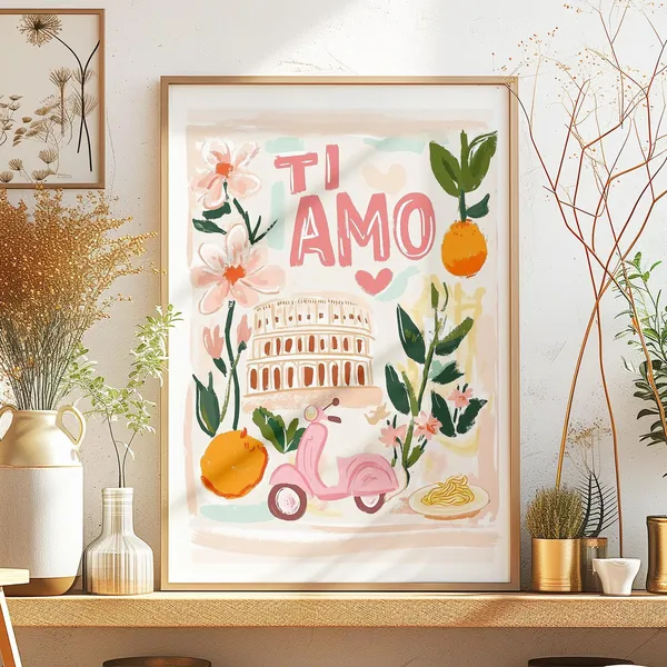 Ti Amo Rome Italy Travel Poster, Painted Colosseum