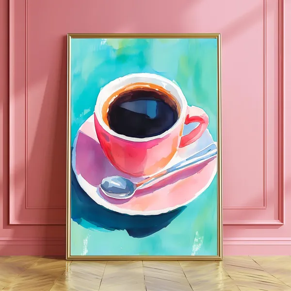 Pink Coffee Cup Watercolor Art Print, Cafe Still Life
