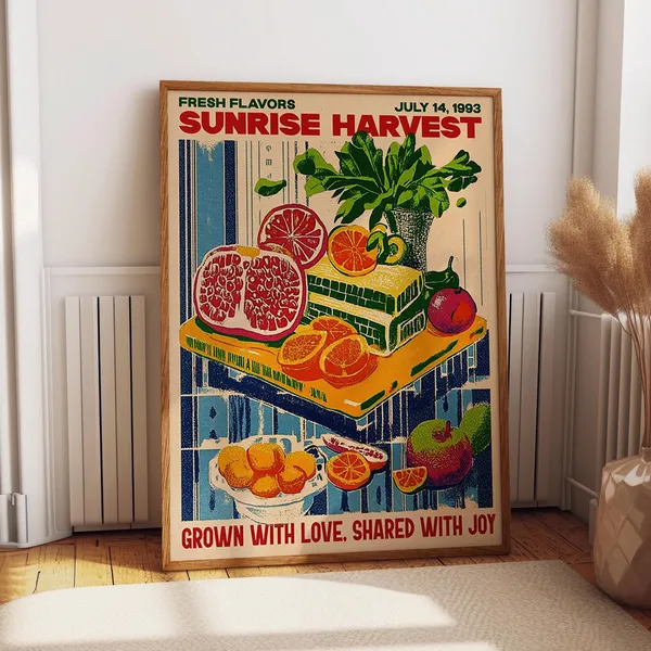 Fresh Citrus And Greens Retro Market Poster, Harvest