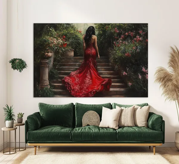 Lady In Red Dress In Garden, Portrait Art Print