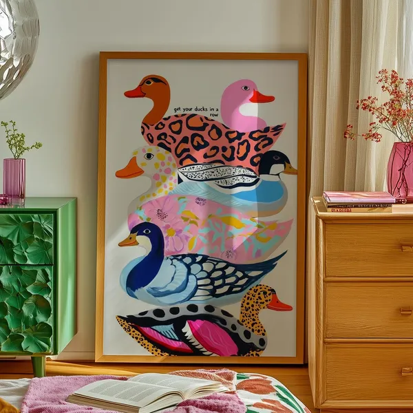 Colorful Ducks Kitsch Animal Pattern Art Print