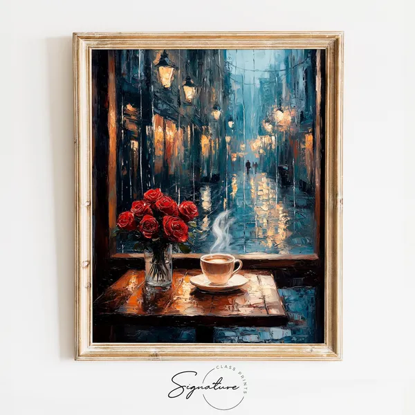 Moody Cafe Table With Roses, Rustic Romance Art Print