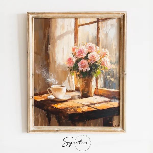 Coffee Shop Window With Roses, Vintage Cafe Art Print