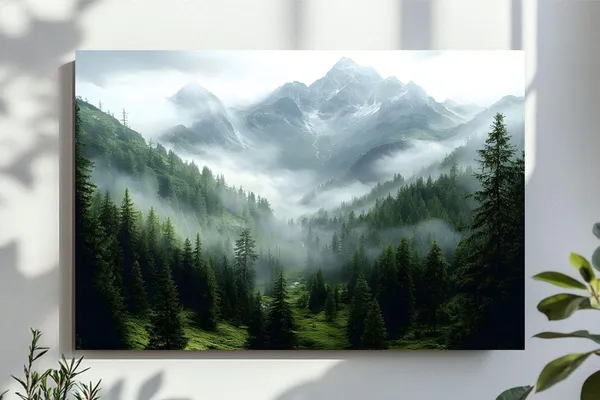 Forest Mountains Misty Landscape Art Print, Foggy Nature
