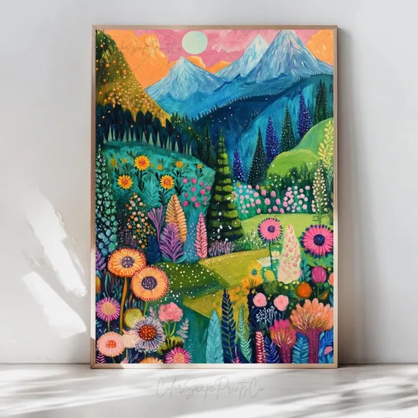 Vibrant Mountain Landscape Art Print, Whimsical Nature Scene