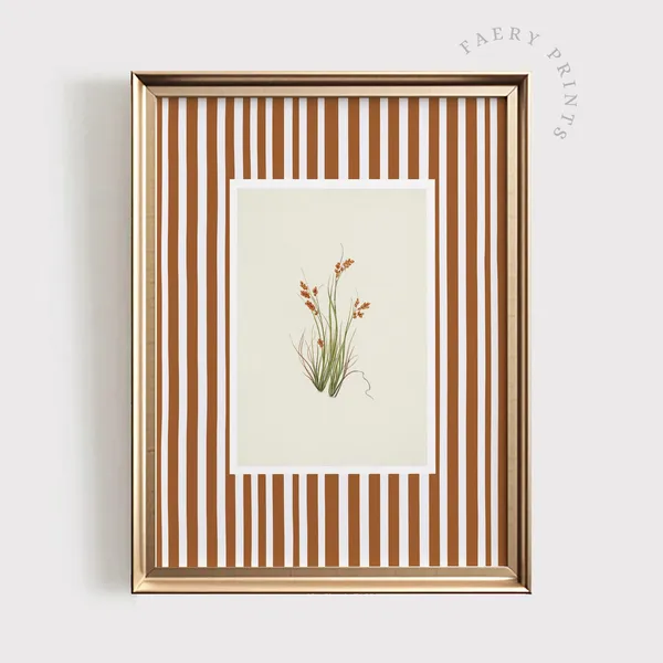 Vintage Floral Print with Neutral Stripe, Botanical Art Print