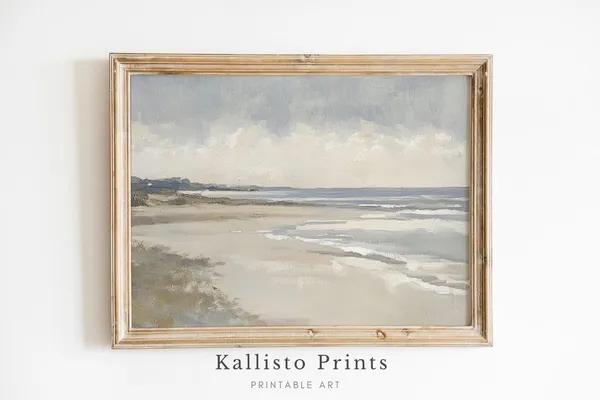 Neutral Coastal Beach Scene Art Print, Minimalist Seaside