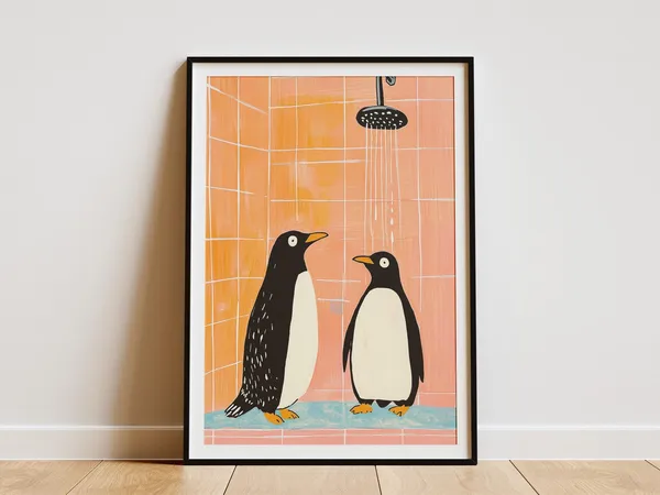 Cute Penguin Shower Gouache Art Print, Bathroom Decor