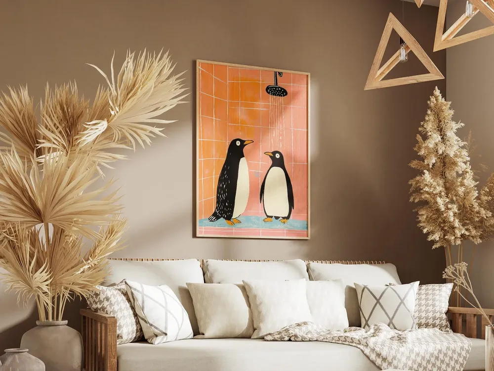 Cute Penguin Shower Gouache Art Print, Bathroom Decor - Image 3