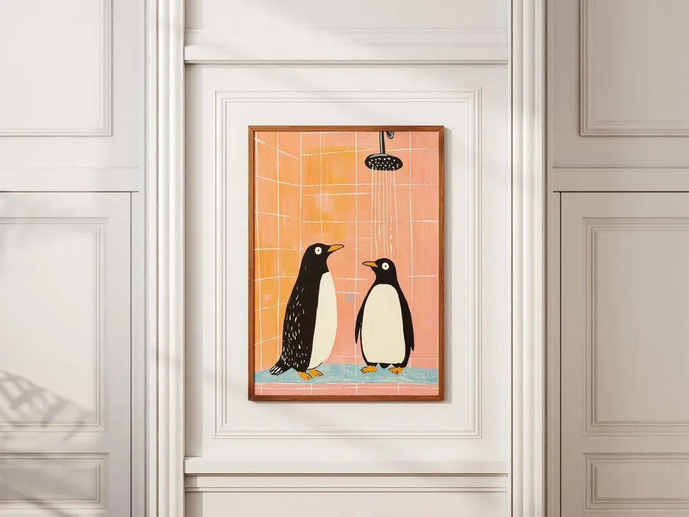 Cute Penguin Shower Gouache Art Print, Bathroom Decor - Image 2