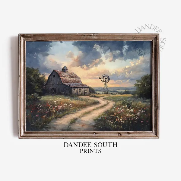 Rustic Barn and Windmill Vintage Countryside Art Print