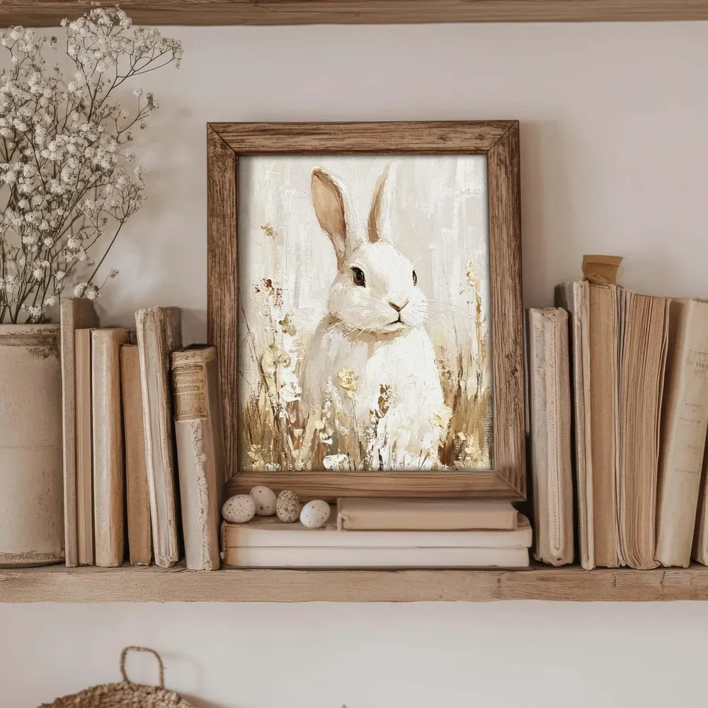 White Rabbit On Flower Meadow, Vintage Cottage Art Print - Image 2