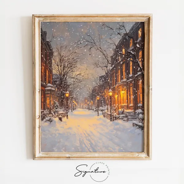 Snowy City Street With Lanterns, Vintage Holiday Art Print