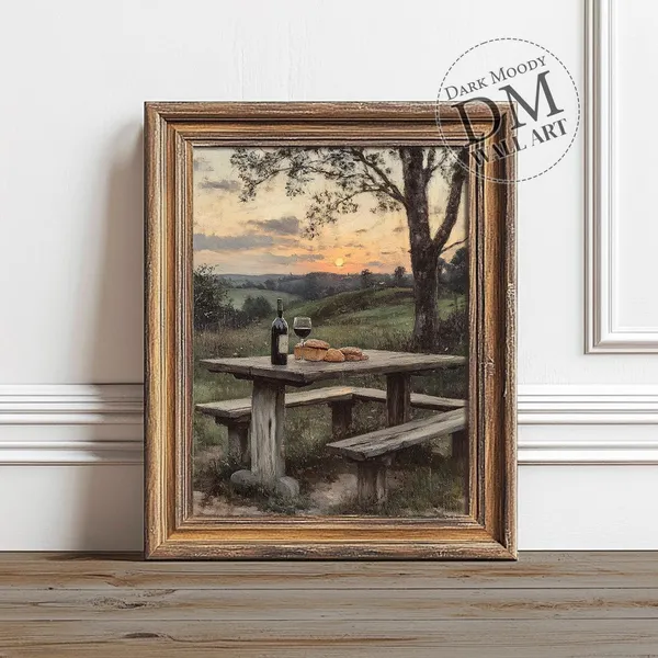 Italian Countryside Picnic Art Print, Rustic Landscape