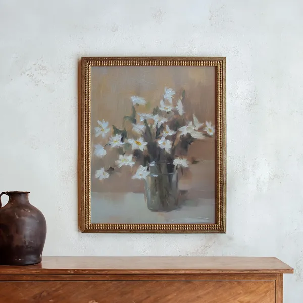 Daisy Still Life, Neutral Impressionist Art Print