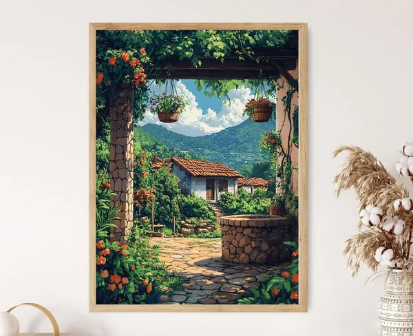 Honduras Stone Well With Flowers, Rustic Farm Decor Art Print