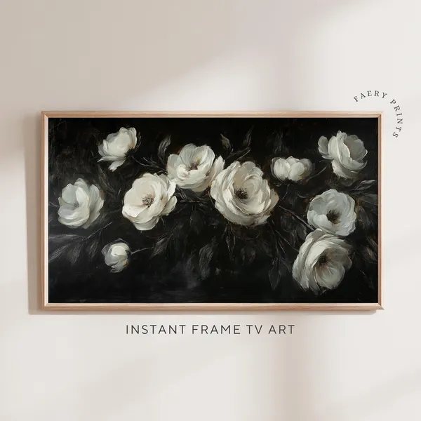 Dark Floral Frame TV Art, Black White Roses