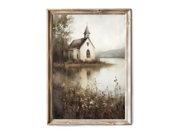 Vintage Lakeside Church Art Print, Rustic Countryside Decor