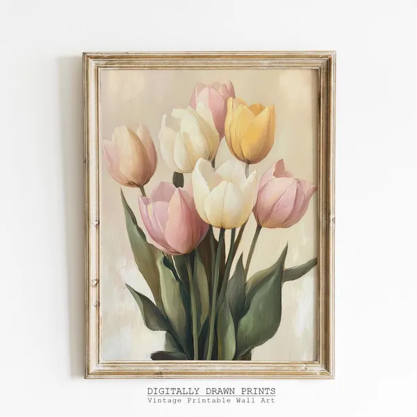 Vintage Spring Tulips Art Print, Neutral Farmhouse