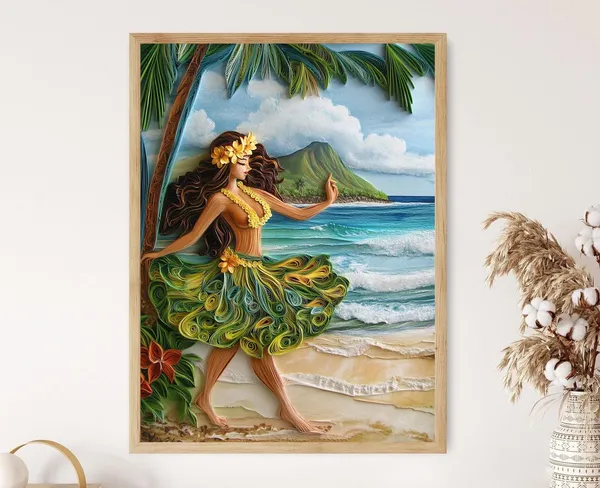 Waikiki Hula Dancer Illustration, Hawaii Island Art Print