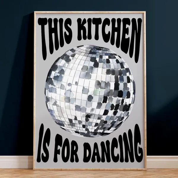This Kitchen Is For Dancing Grey Retro Poster Print