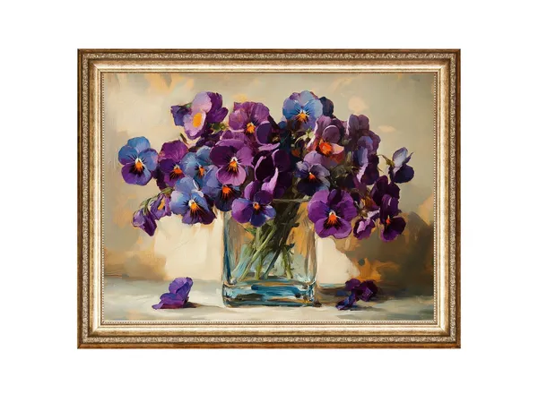 Vintage Pansy Floral in Glass Vase, Cottage Core Art Print