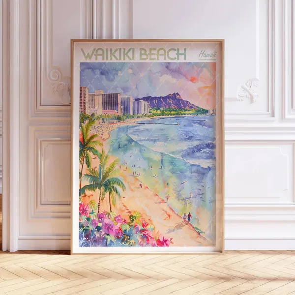Waikiki Beach Watercolor Travel Poster, Hawaii USA