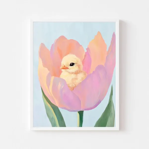 Baby Chick in a Pink Tulip, Easter Nursery Art Print
