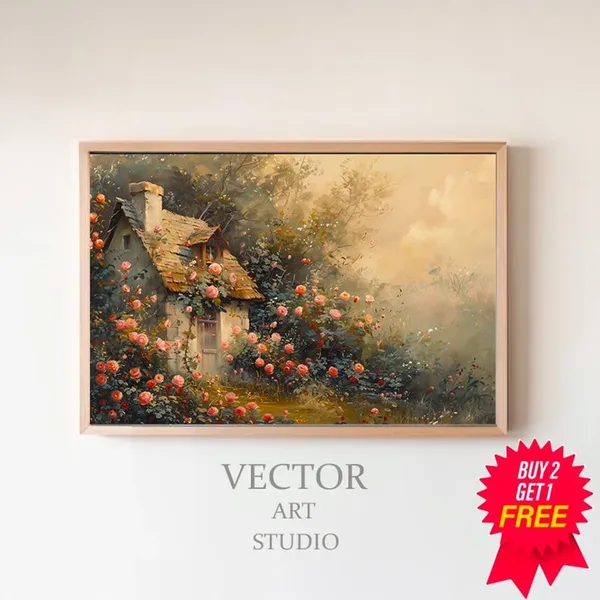 Cottage Rose Garden Vintage Impressionist Art Print