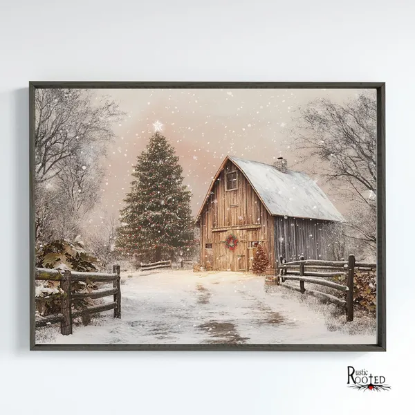 Rustic Barn Christmas Art Print, Modern Farmhouse