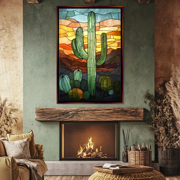 Stained Glass Lone Saguaro Cactus Wall Art Print