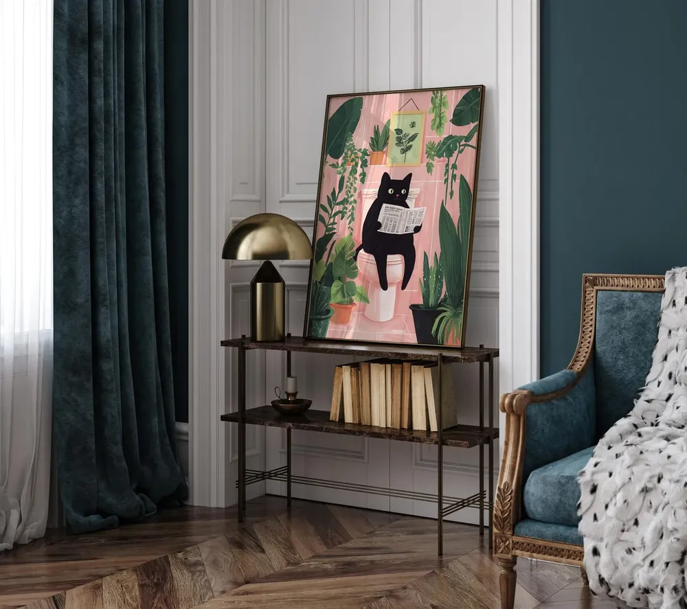 Black Cat Reading Newspaper Funny Pink Bathroom Morning Art Poster - Image 7