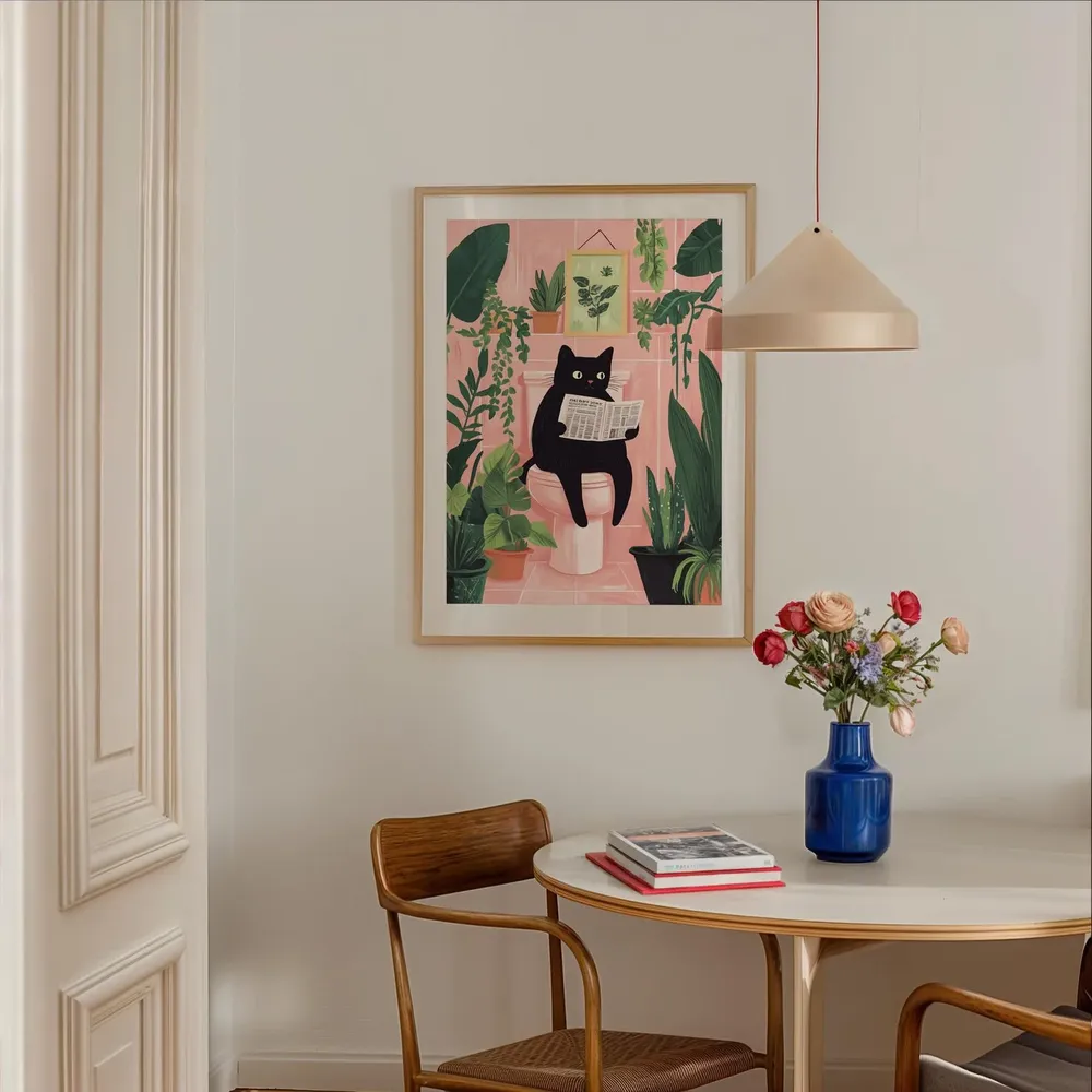 Black Cat Reading Newspaper Funny Pink Bathroom Morning Art Poster - Image 5