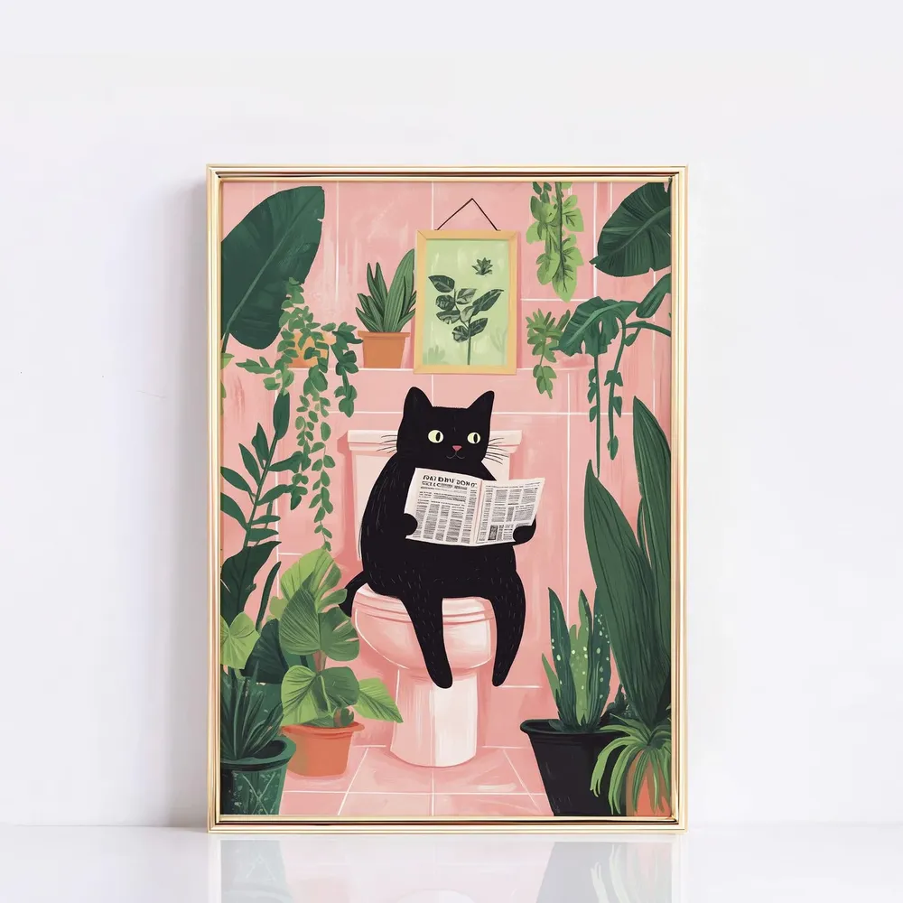 Black Cat Reading Newspaper Funny Pink Bathroom Morning Art Poster - Image 3