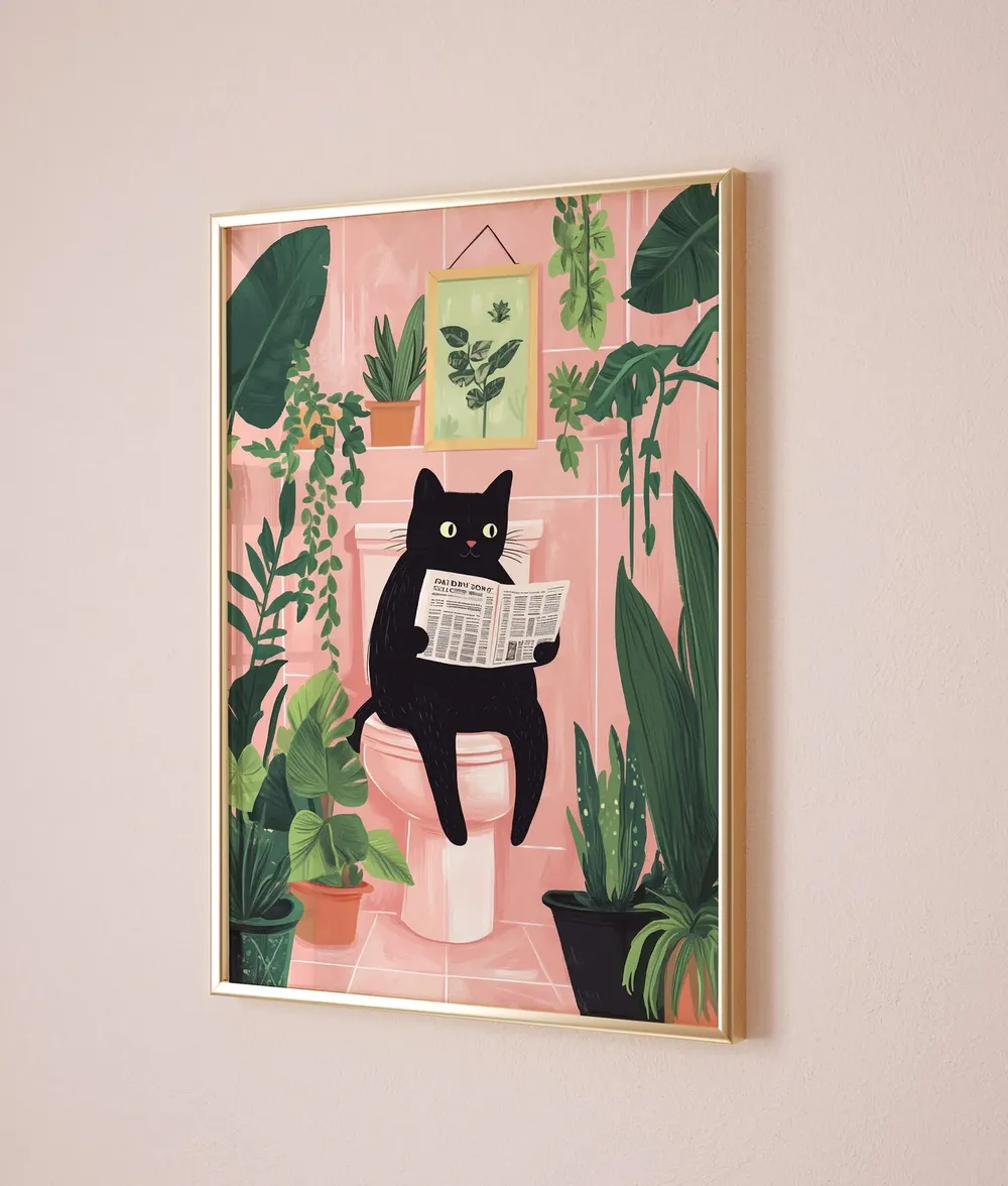 Black Cat Reading Newspaper Funny Pink Bathroom Morning Art Poster - Image 4