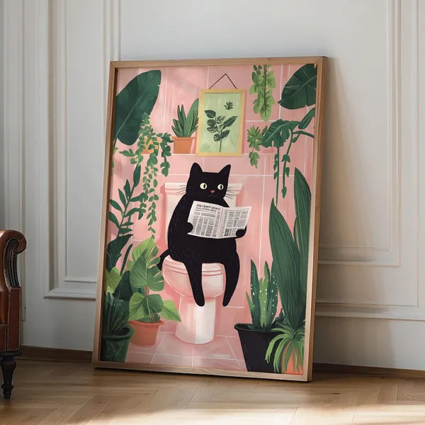 Black Cat Reading Newspaper Funny Pink Bathroom Morning Art Poster