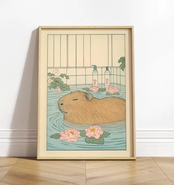 Capybara Bath Japanese Ukiyo-e Animal Art Print