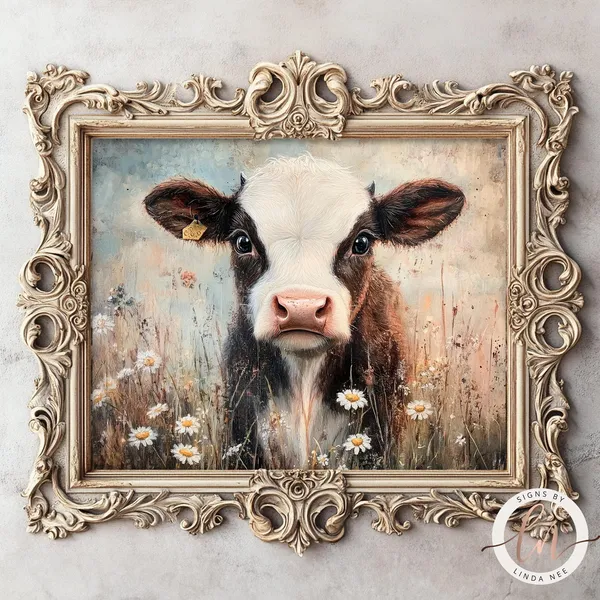 Moody Baby Cow Vintage Oil Painting, Farmhouse Art Print