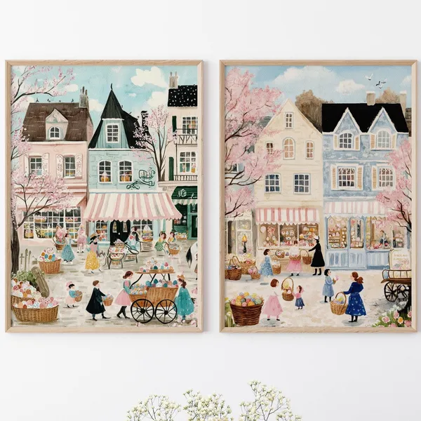 Whimsical Easter Town Art Print, Vintage Folk Style