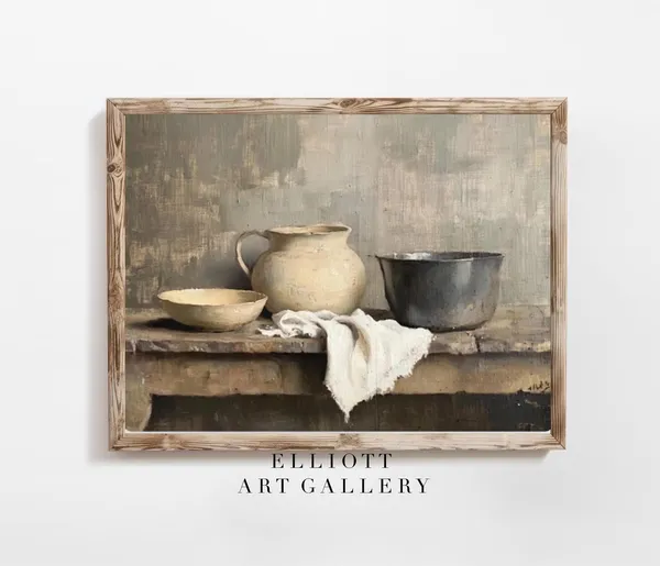 Rustic Kitchen Pottery Still Life, Farmhouse Art Print